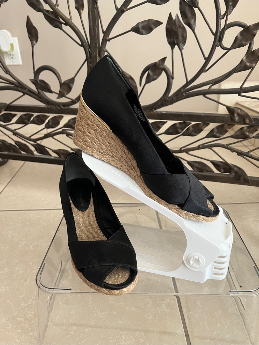 Adrienne Vittadini Black Espadrille Wedge Peep-Toe Heels